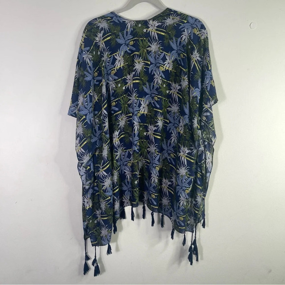 Janice Kimono Wrap Cover Up Navy Hawaiian Vacation Fringe Blue Green - Picture 6 of 6